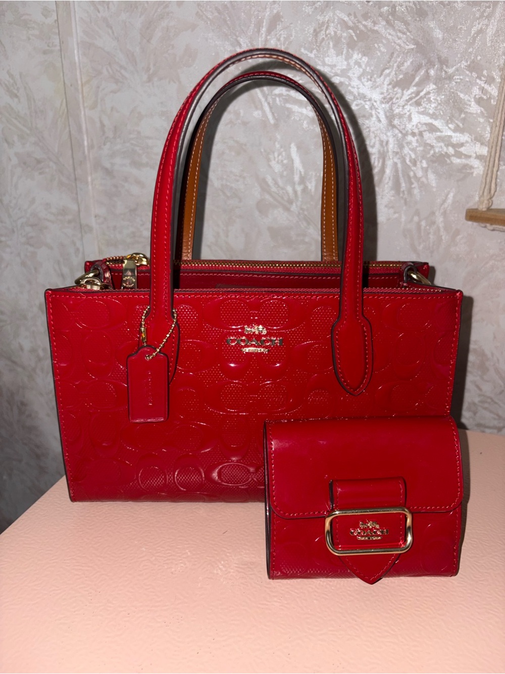 COACH Patent Leather Red Nina Tote Handbag with Matching Wallet